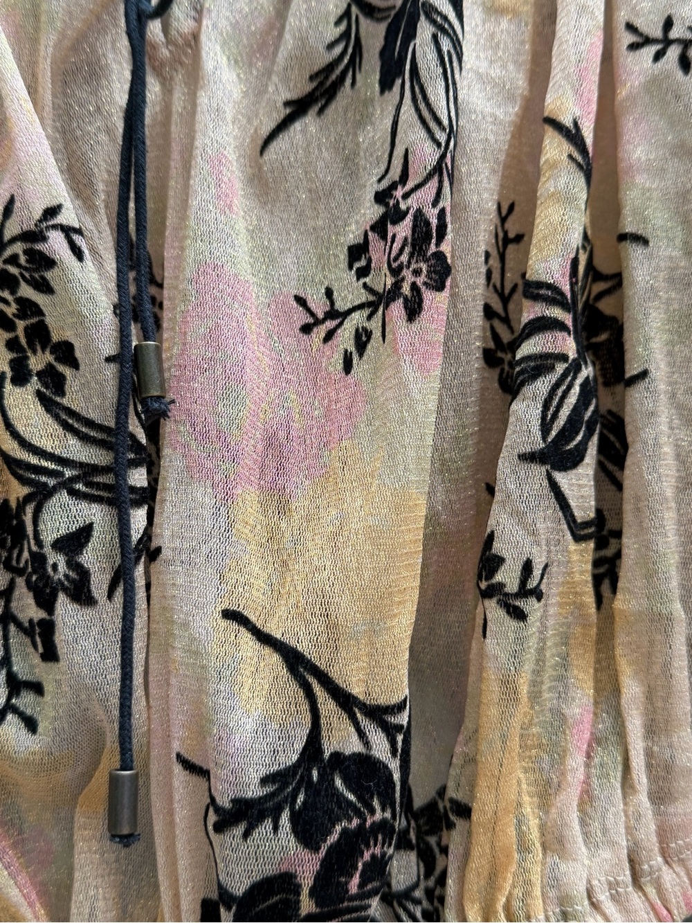 Free People NWT Sheer Metallic Floral Lace Up Blouse Ivory Black Size L - Picture 4 of 9